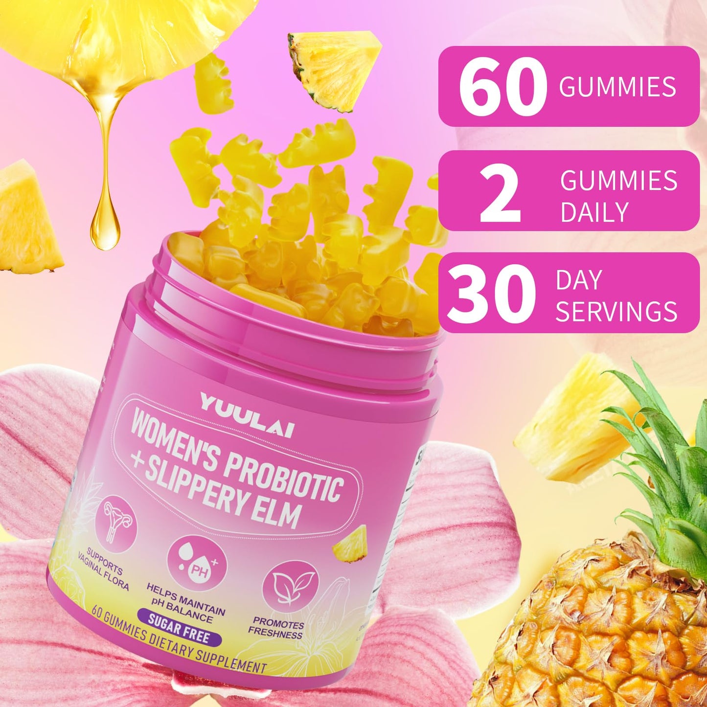 YUULAI Women's Probiotic Slippery Elm Gummies 60 Count