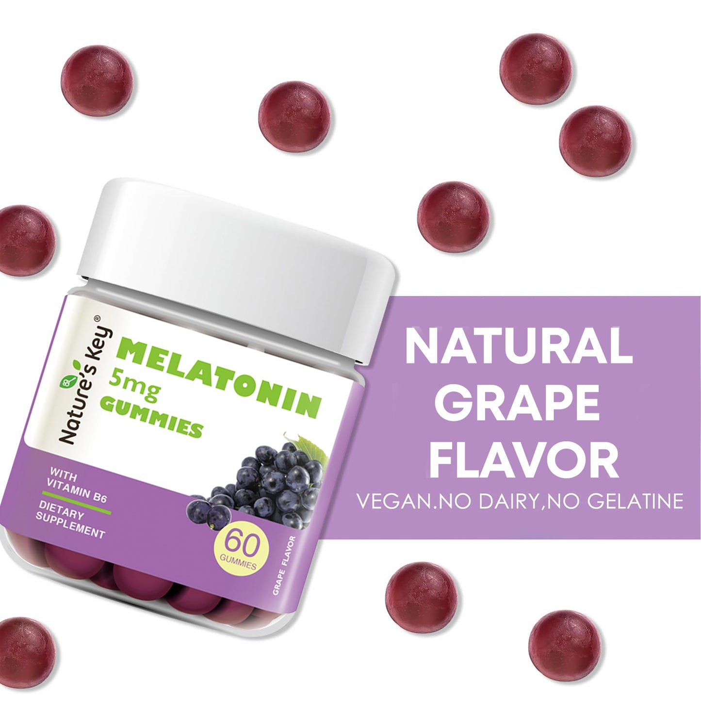 Nature's Key Melatonin Gummies 5mg with Vitamin B6, Sleep Support, 60 Count