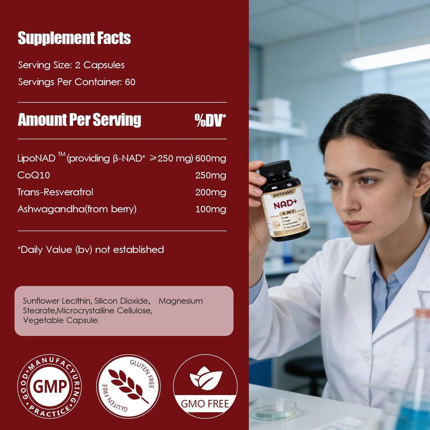 SHIYIFANG LipoNAD+ 600mg Complex with CoQ10 250mg, Trans Resveratrol 200mg, Ashwagandha 100mg, 120 Capsules