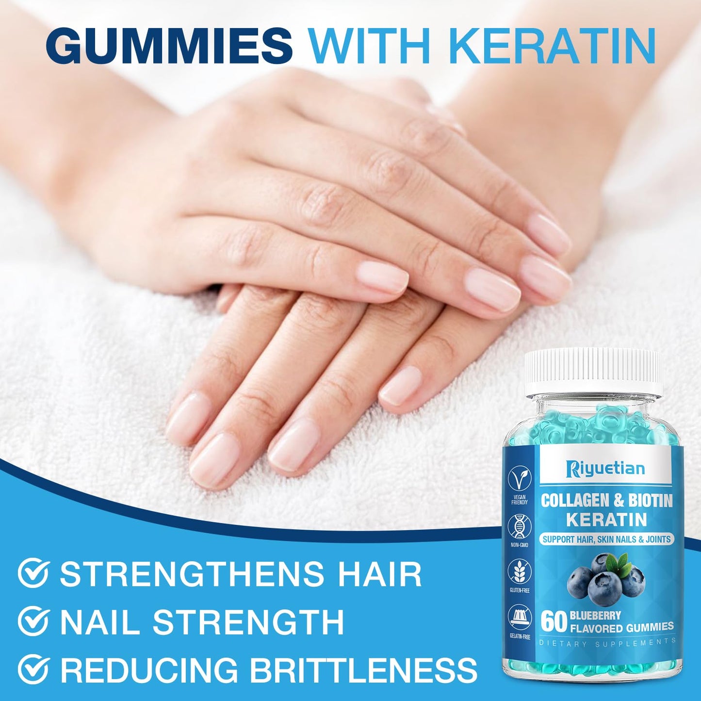 Riyuetian Biotin Gummies 15000mcg with Collagen for Adults, 60 Count