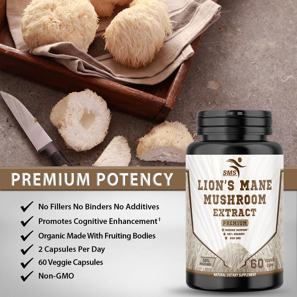 SMSHEALTHPRODUCTS.com Lion's Mane Mushroom Cognition Capsules, 60 Veggie Capsules