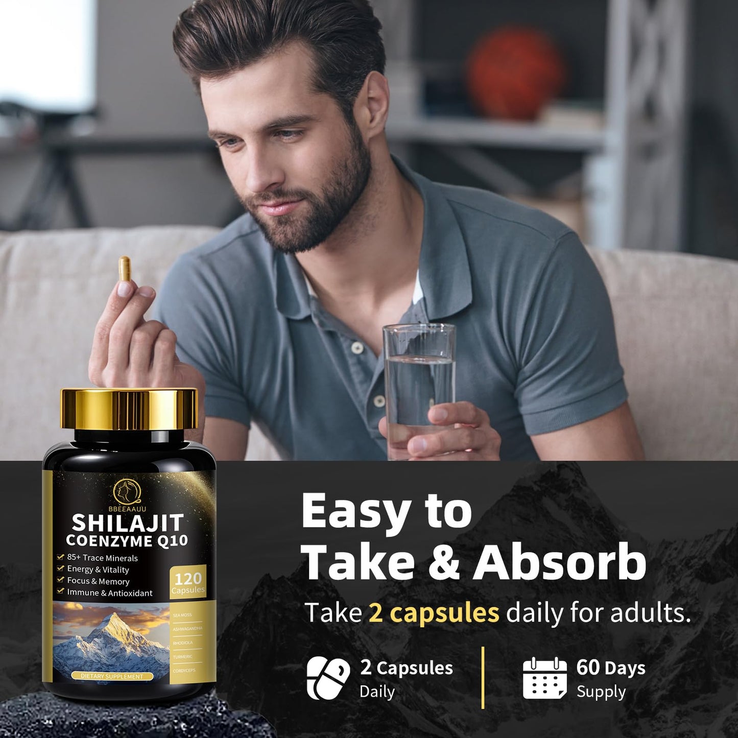BBEEAAUU Shilajit Capsules with Sea Moss & Ashwagandha for Men & Women, 12 in 1 Himalayan Shilajit Supplements with Coenzyme Q10, Fulvic Acid & Humic Acid, Lion's Mane, Energy & Immune, Capsules, 240 Count
