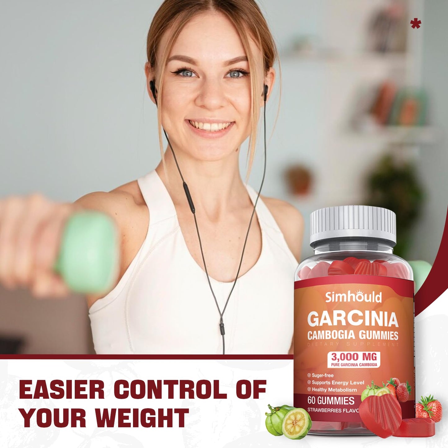 Simhould Garcinia Cambogia Gummies, 120 Count, Sugar Free, 3000mg 95% HCA with L-Carnitine, Strawberry Flavor