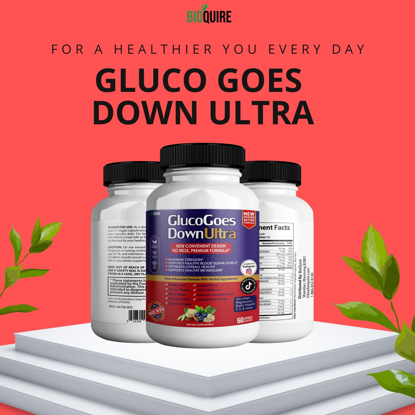 BIOQUIRE GlucoGoes Down Ultra Dietary Supplement Capsules 120