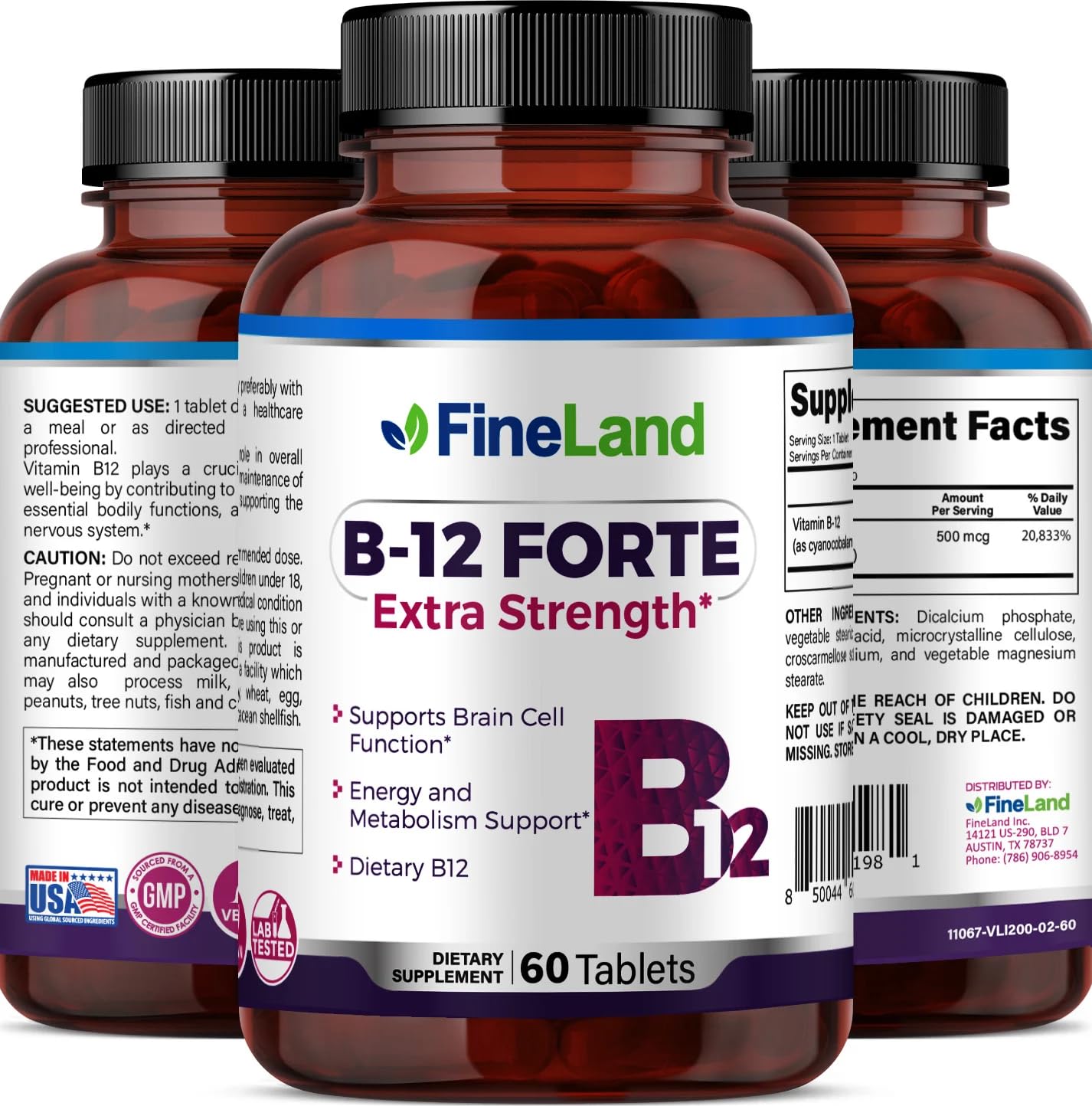 FineLand B-12 Forte Vitamin B12 500mcg (Cyanocobalamin) - Essential Nutrient Support for Energy Metabolism and Daily Vitality - Vegan Formula, 60 Tablets
