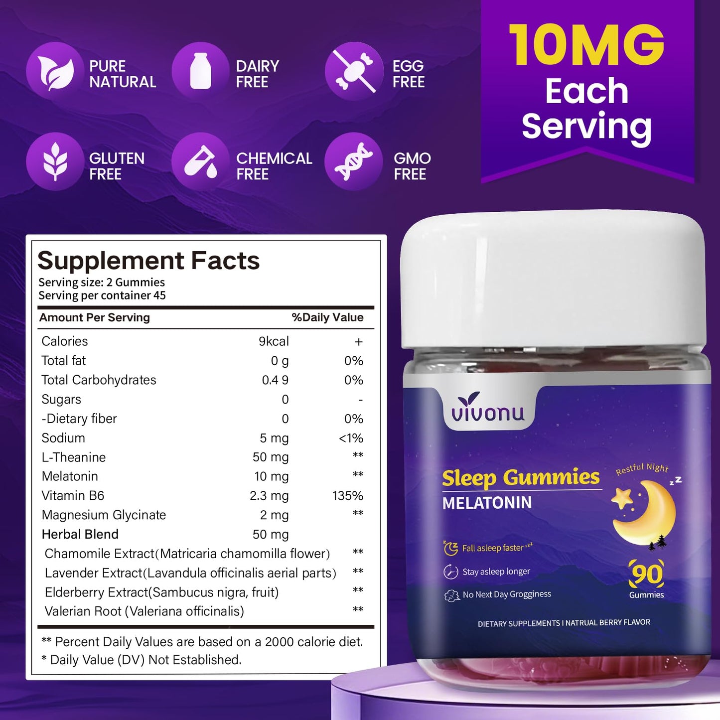 VivoNu 9-in-1 Melatonin Gummies 10mg, 90 Gummies