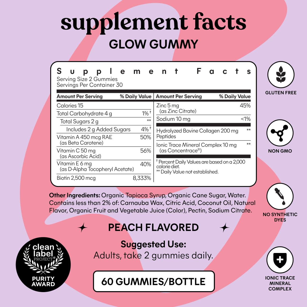 Lemme Glow Collagen Gummies for Thick Hair, Strong Nails & Healthy Skin with Multi-Collagen Peptides, Biotin, Trace Minerals, Zinc, Vitamins A, C & E, 60 Gummies