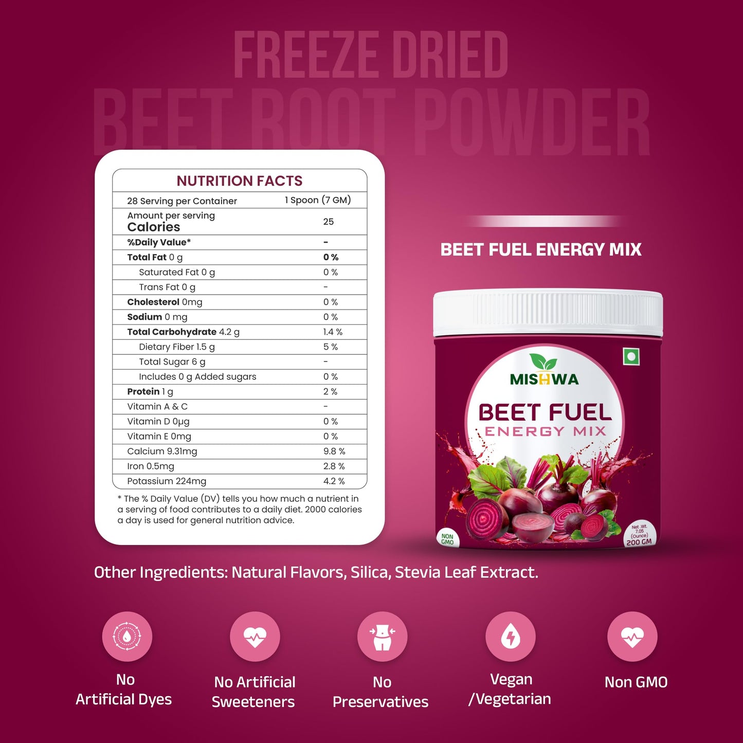 MISHWA Beet Fuel Energy Mix Freeze-Dried Beetroot Powder, 7.06 oz