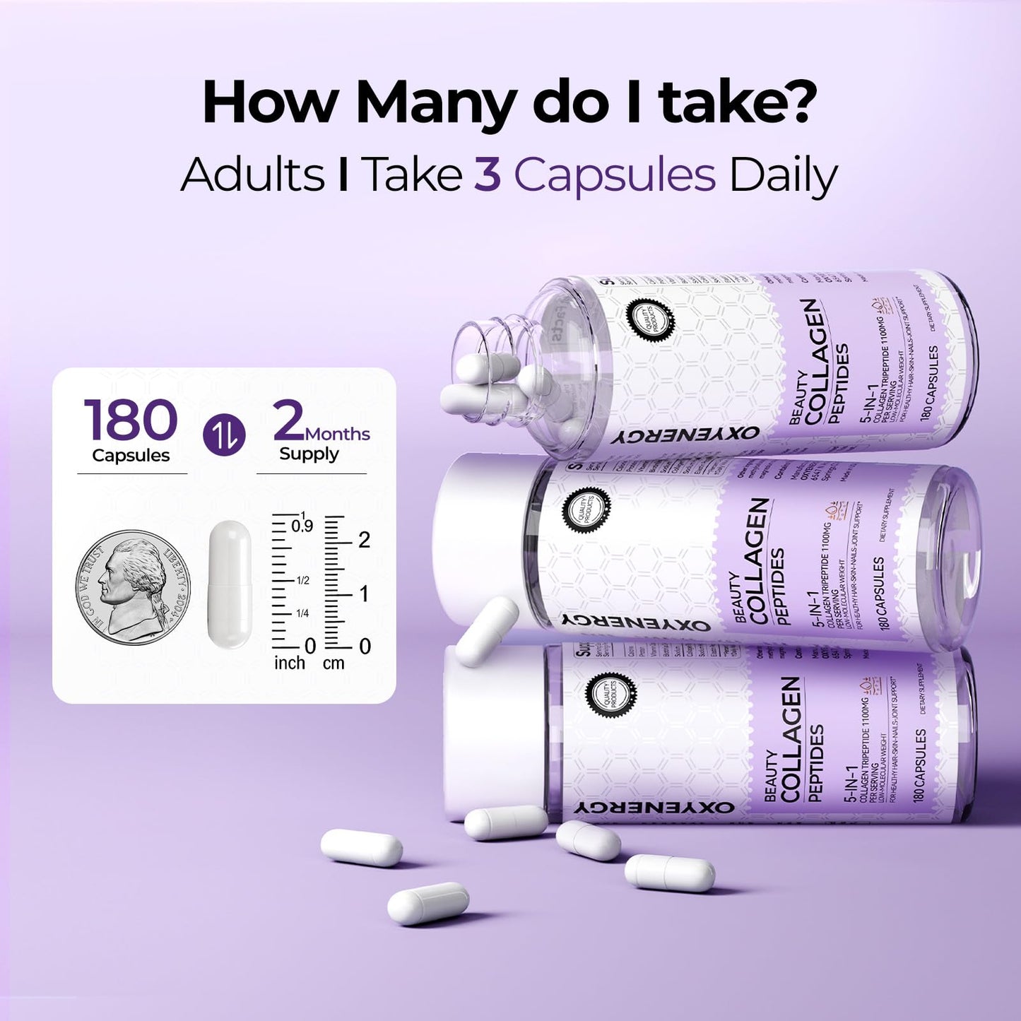 OxyEnergy Collagen Peptides Capsules 1100mg Hydrolyzed Collagen Tripeptides Type III with Biotin and Vitamin C, 180 Capsules