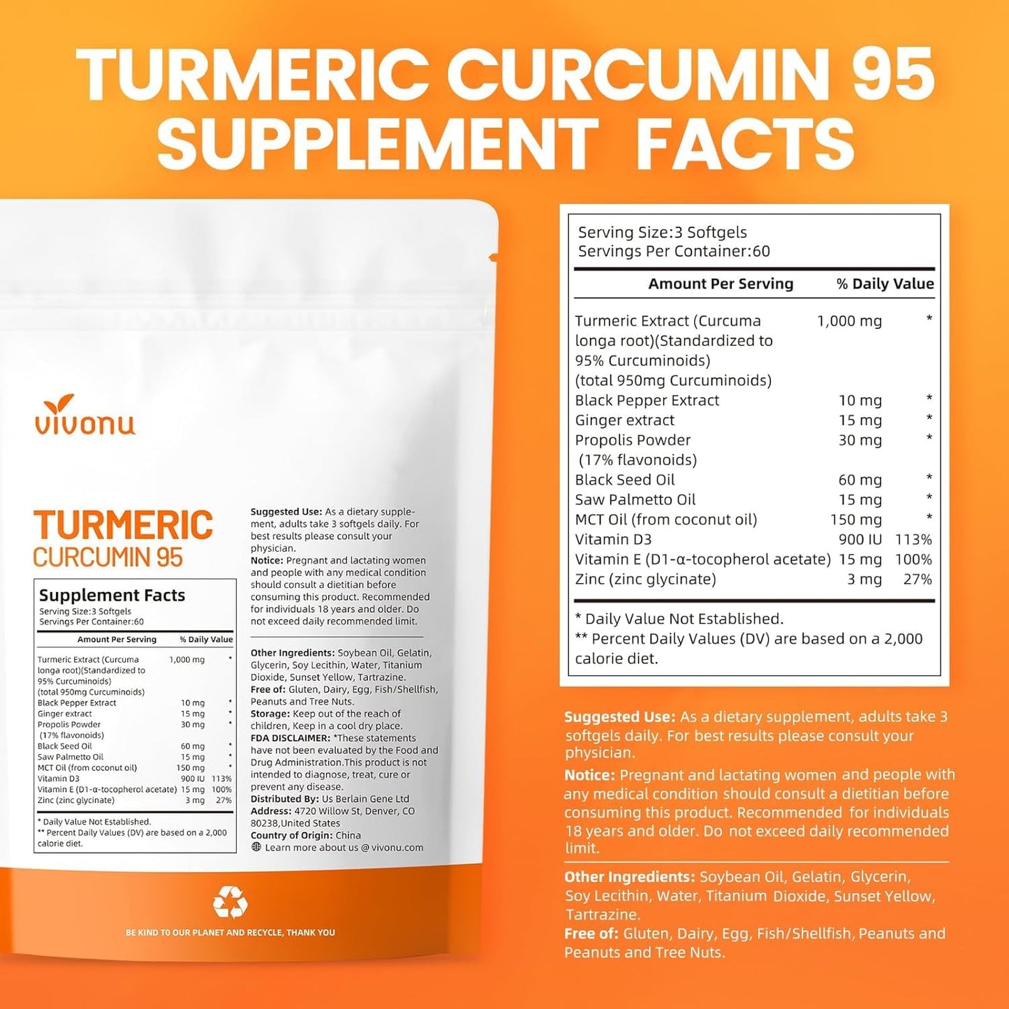 VivoNu 10-in-1 Turmeric Supplement Softgels 180 Count