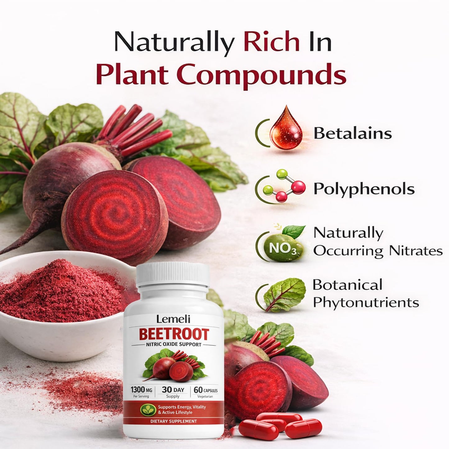 Lemeli Beetroot Capsules 1300mg Per Serving, Plant-Based Beet Root Extract Supplement, Antioxidant-Rich Superfood Formula, Daily Energy & Active Lifestyle Support, 60 Capsules