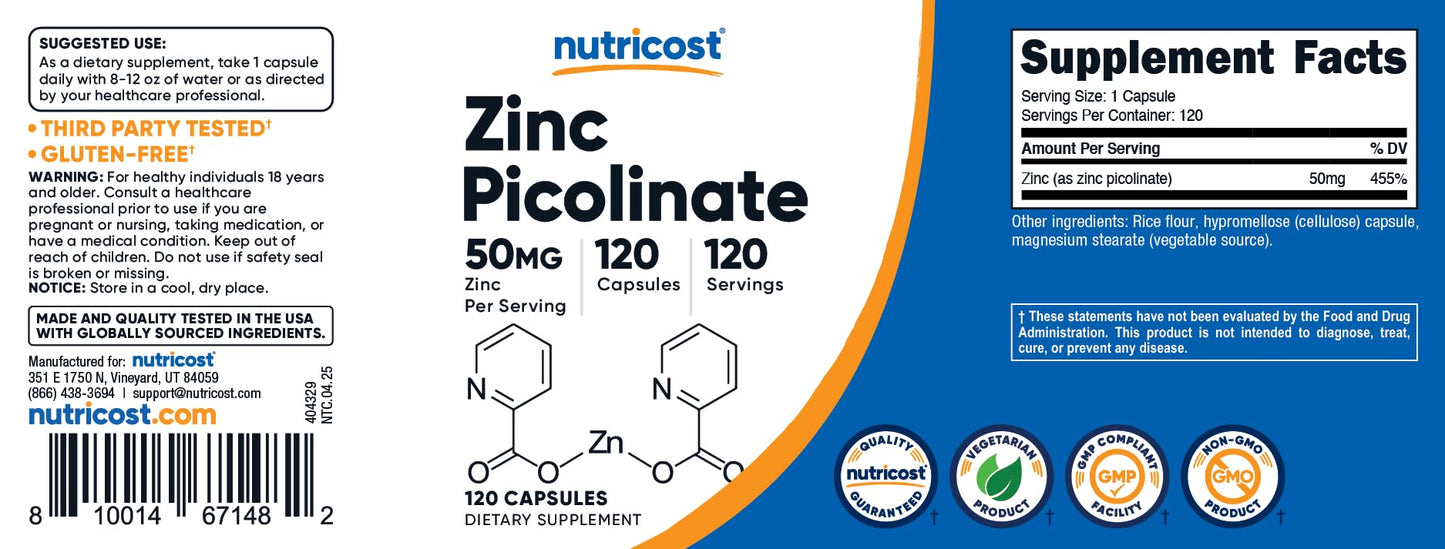 Nutricost Zinc Picolinate 50mg Capsules, 120 Count