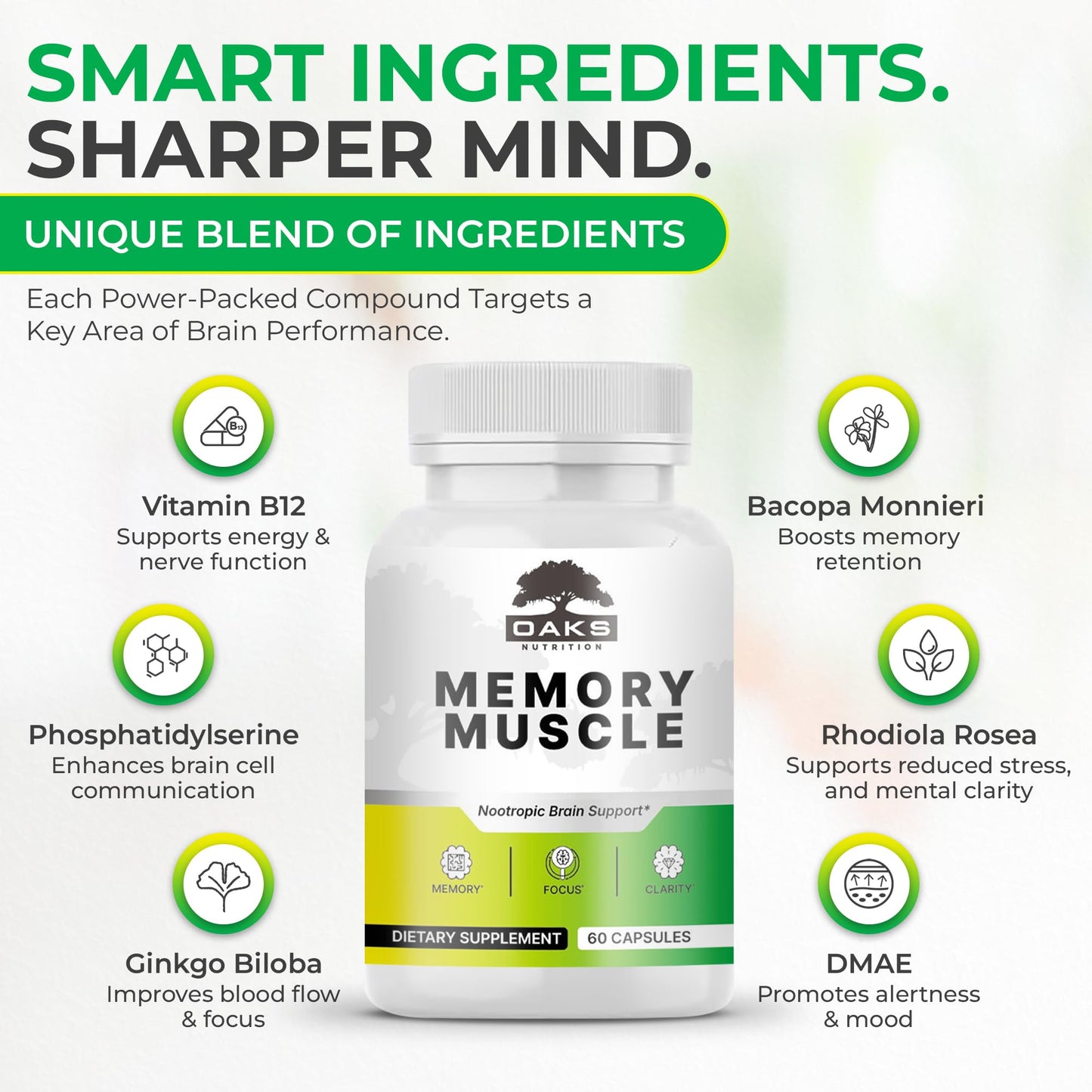 Oaks Nutrition Memory Muscle – Advanced Nootropic Brain Supplement with Vitamin B12, Bacopa Monnieri & DMAE for Focus, Memory, Mental Clarity & Clean Energy – Premium Cognitive Support Formula Capsule 60 Count
