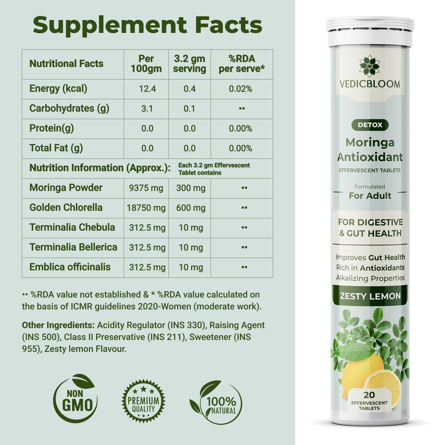 VEDICBLOOM Moringa Antioxidant Effervescent Tablets 40 Tablets