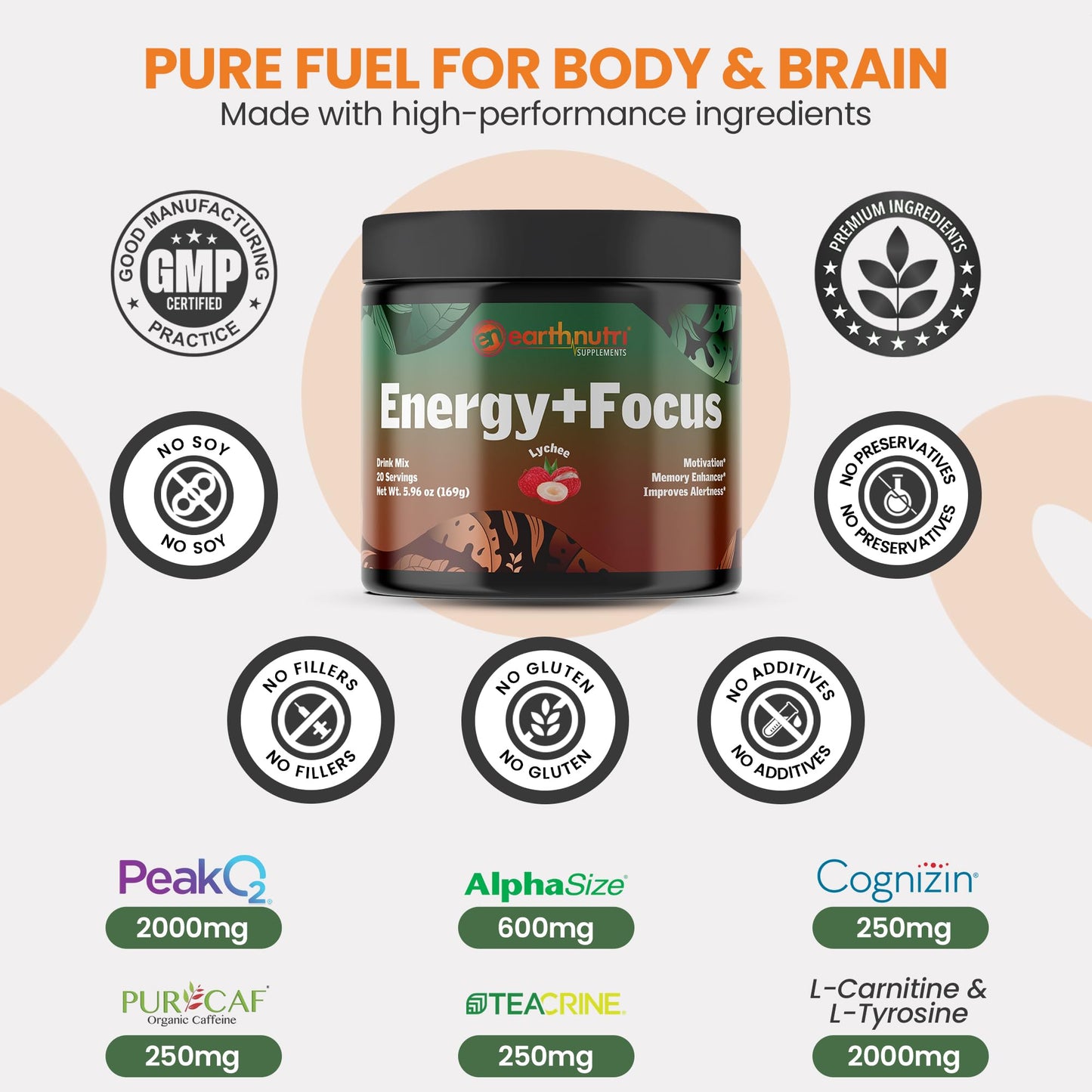 EarthNutri Energy + Focus Powder Supplement – Energy Boost & Memory Supplements with PeakO2, AlphaSize, Cognizin, PurCaf, Theacrine, Acetyl L-Carnitine L-Tyrosine, Lychee Flavor – 6.03 Ounce