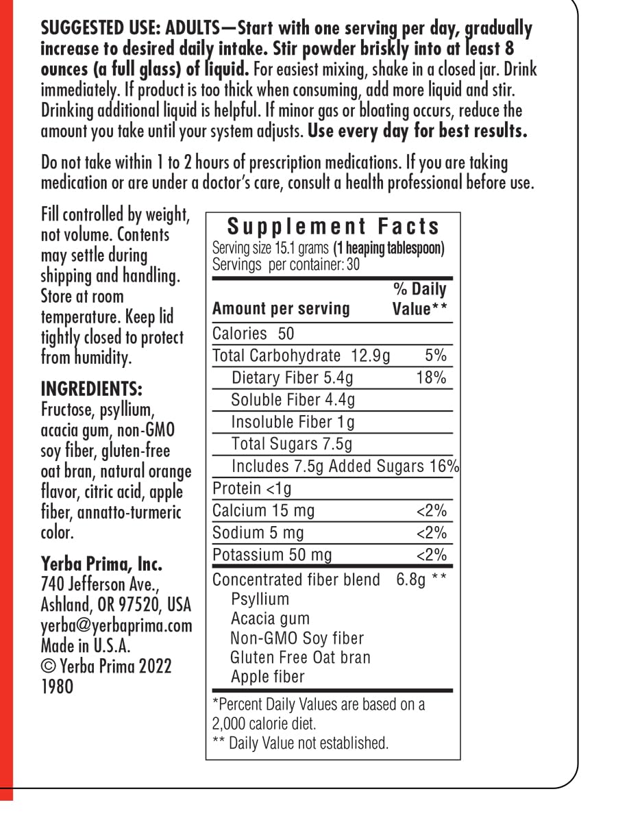 Yerba Prima Orange Flavored Daily Fiber Formula Powder 16 oz