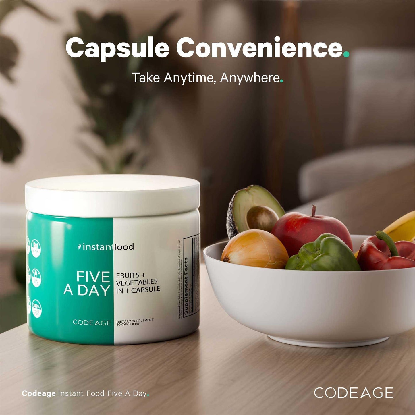 Codeage Instantfood Five A Day Fruits & Vegetables Capsule Supplement, Whole Food Phytonutrients, 15 Fruits and Veggies Blend, Vegan, Non-GMO, 30 Capsules