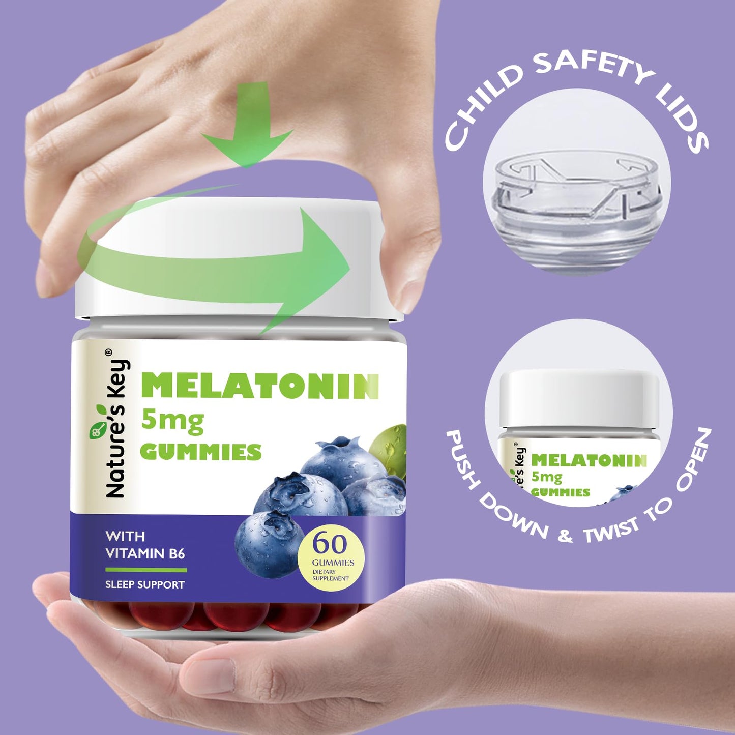 Nature's Key Melatonin Gummies 5mg with Vitamin B6 Sleep Support, Blueberry, 60 Count