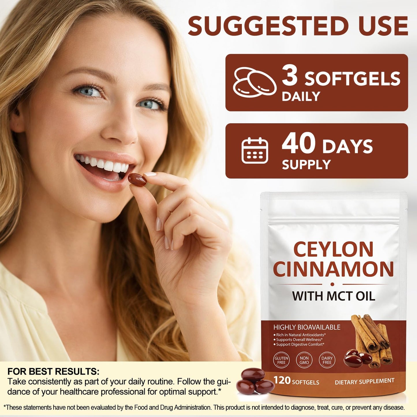 TAKNFDMY Ceylon Cinnamon Capsules with MCT Oil - 600mg True Cinnamon Extract Supports Digestive Comfort & Antioxidant - Non-GMO, Gluten-Free - 120 Capsules