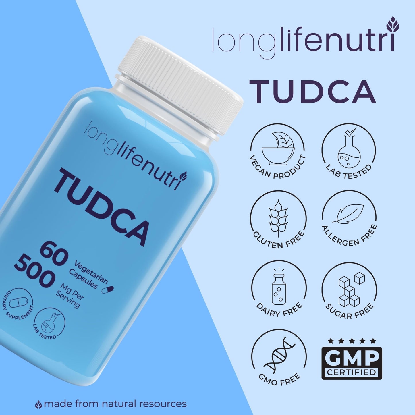 LongLifeNutri TUDCA Tauroursodeoxycholic Acid Bile Salt 500mg per Serving, 60 Vegetarian Capsules