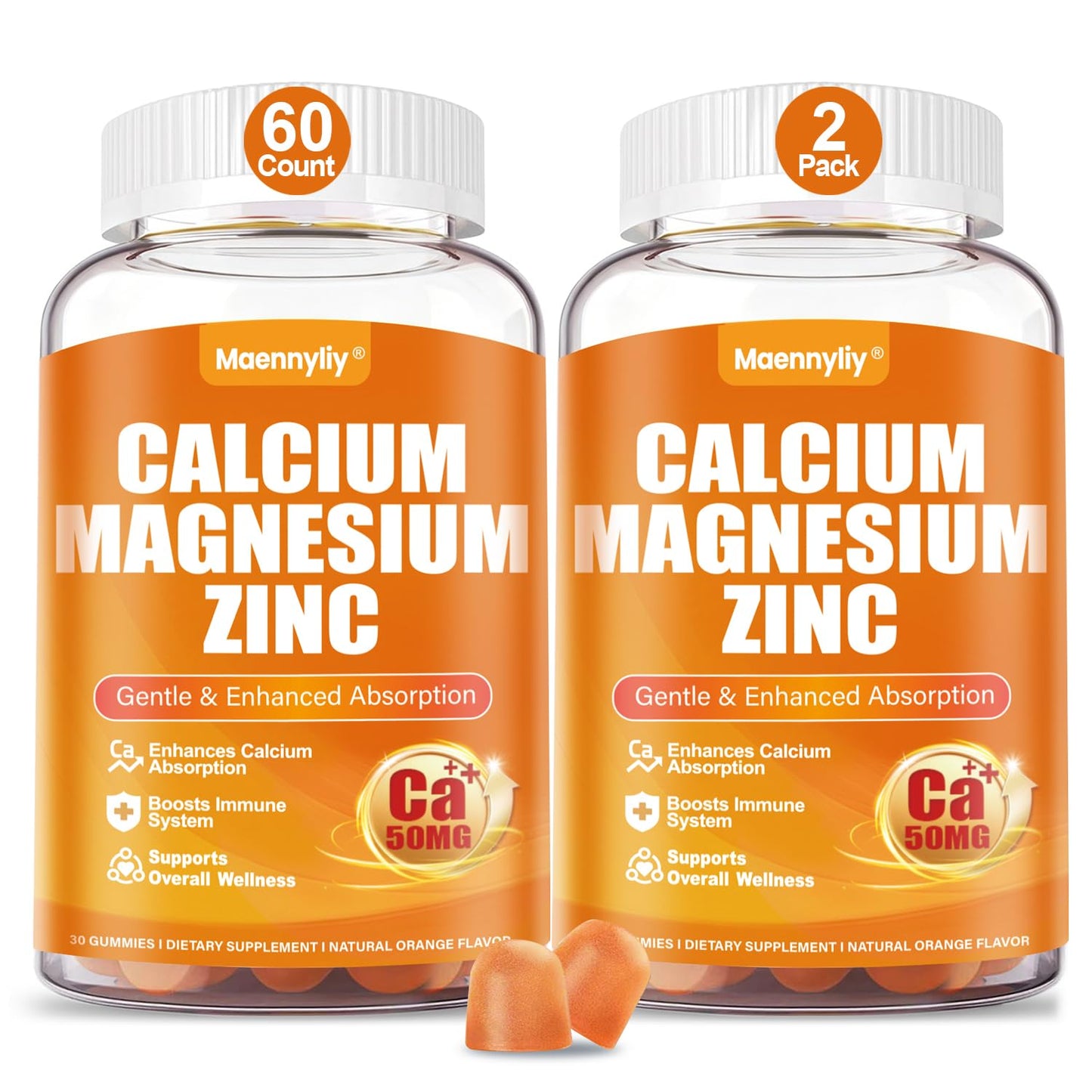 Maennyliy Calcium Magnesium Zinc Gummies with D3 & K2 – High Absorption Calcium Citrate for Women & Men, Sugar Free, Natural Orange Flavor, Non-GMO, Vegan, 60 Gummies