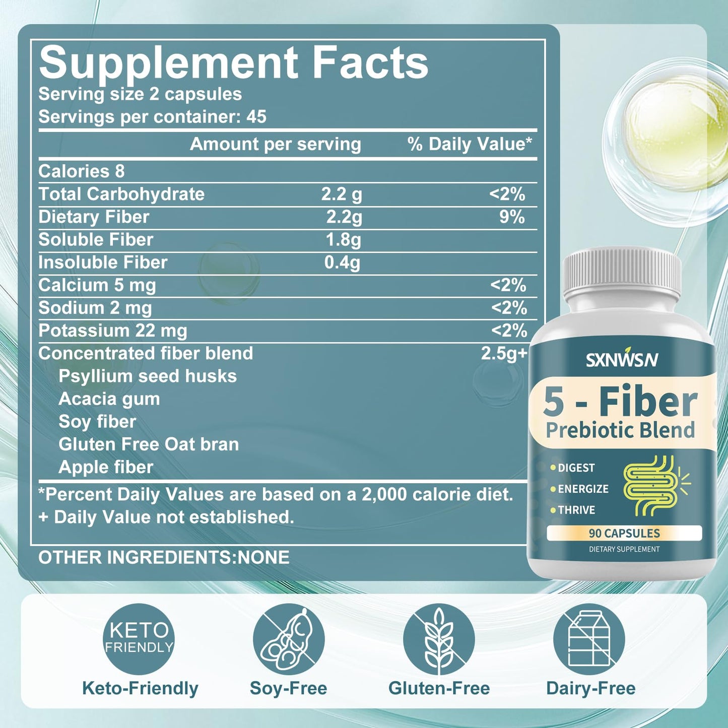 SXNWSN Fiber Supplement 5-Fiber (Soluble & Insoluble) Prebiotic Formula Capsule 90 Count
