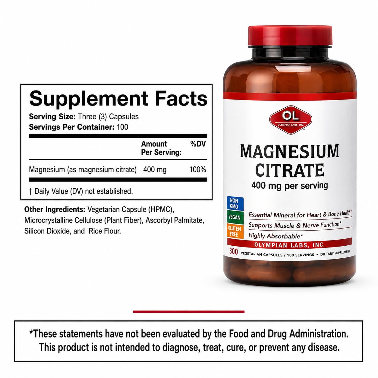 Olympian Labs Magnesium Citrate 400mg Capsules, 300 Count