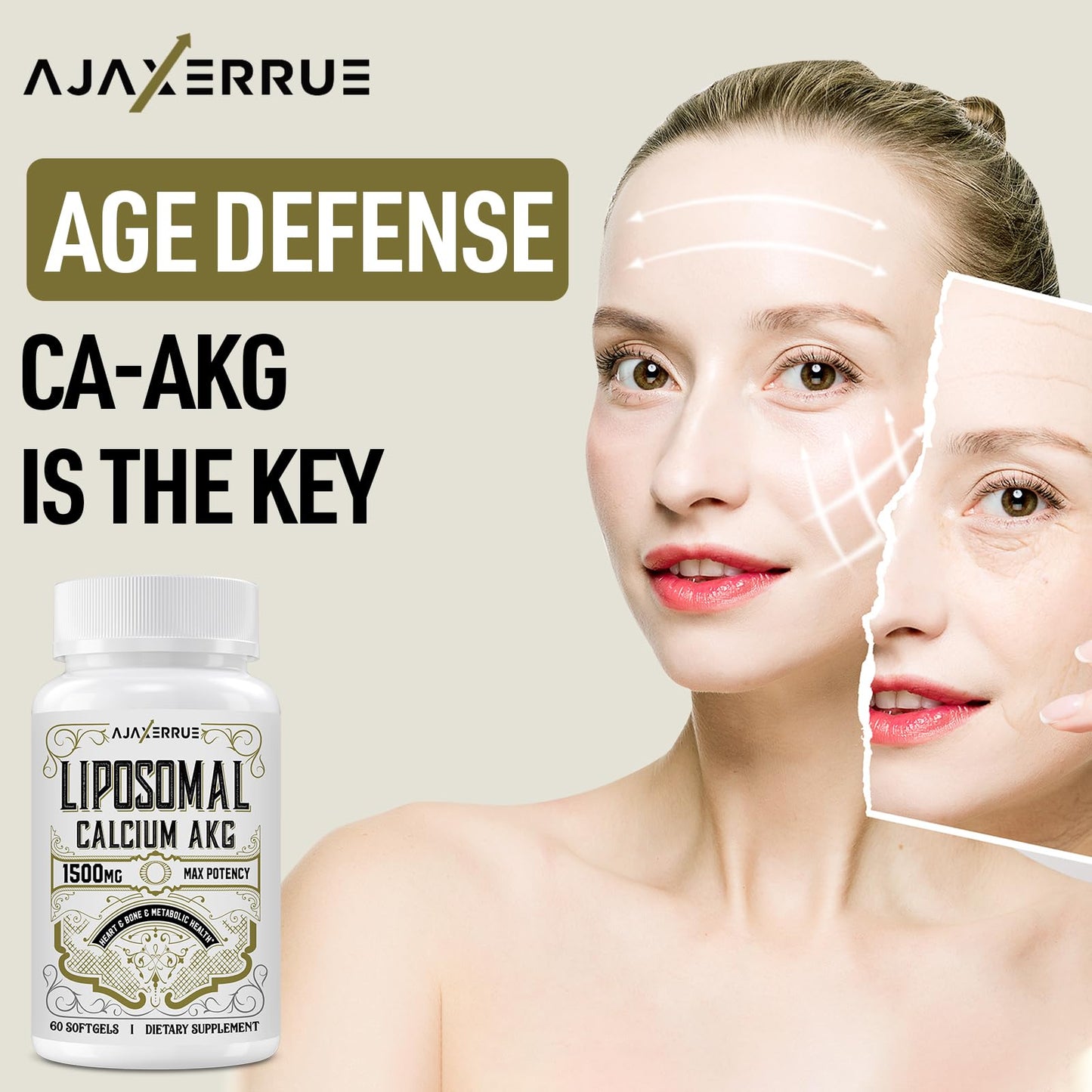 AJAXERRUE Liposomal Calcium AKG Supplement 1500 mg (Alpha-Ketoglutaric Acid) Softgels 60