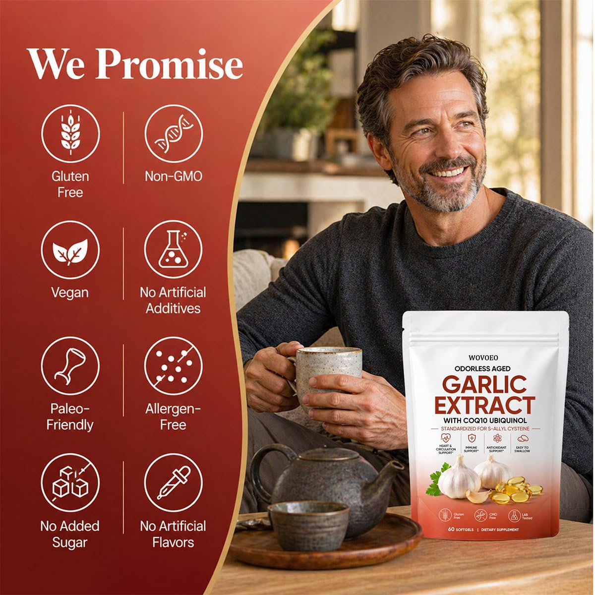 WOVOEO Aged Garlic Extract Organic Aged Odorless Garlic with CoQ10 Ubiquinol 24-Month Matured Garlic Supplements Softgels 120