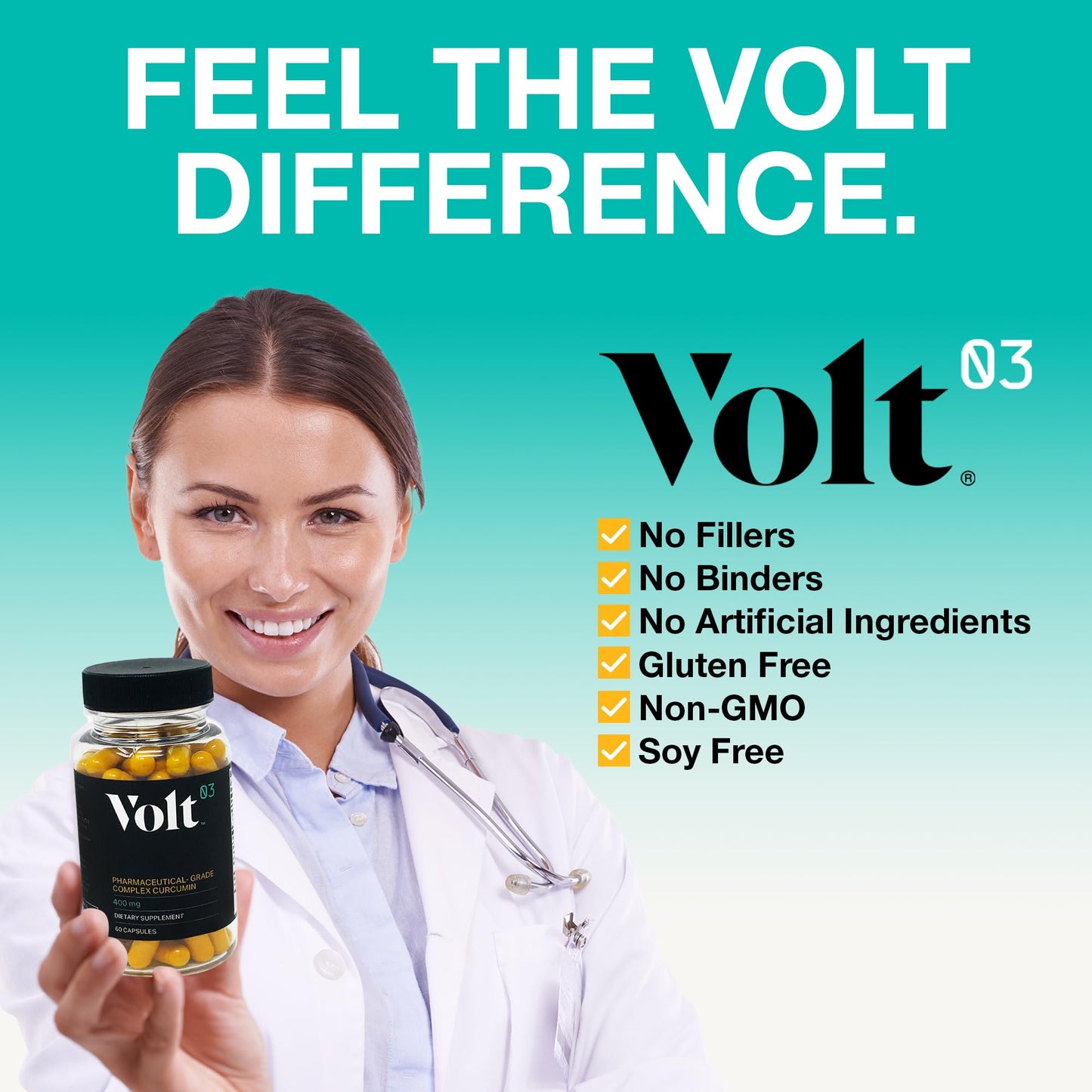 Volt03 Organic Turmeric Curcumin Capsules, 400mg Curcumin Complex, 60 Capsules