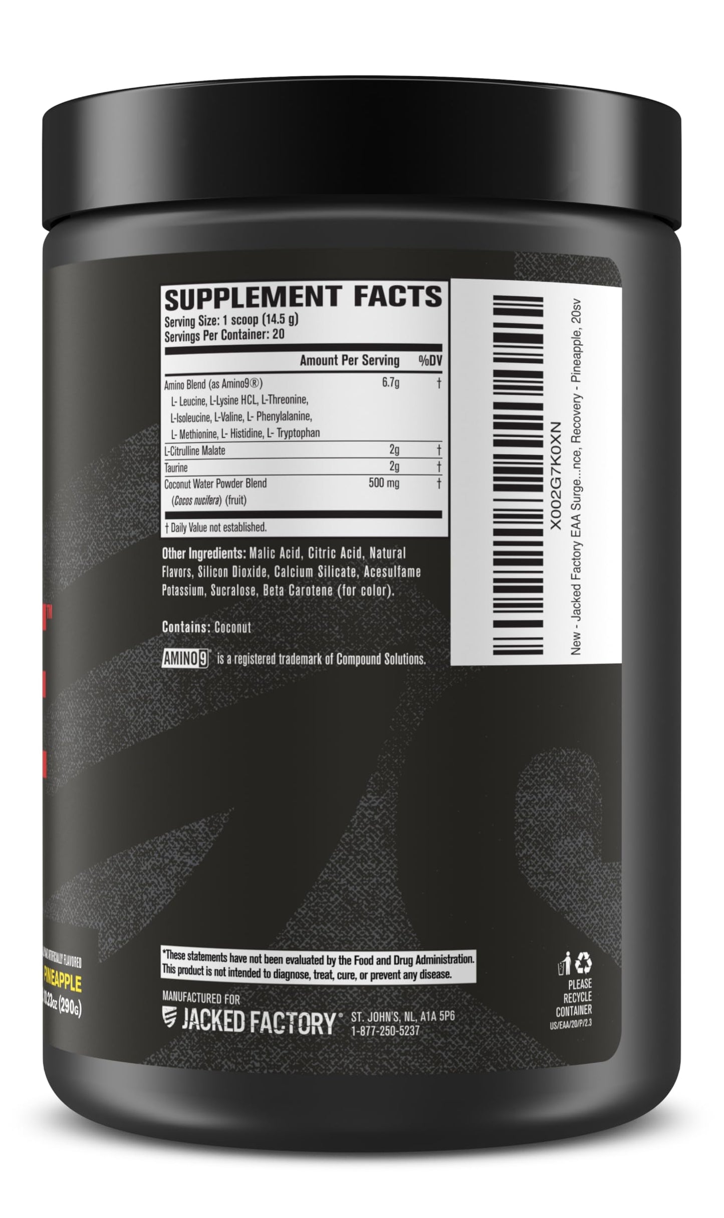 Jacked Factory EAA Surge Essential Amino Acids Powder - EAAs & BCAAs Intra-Workout Supplement with L-Citrulline, Taurine, Pineapple Flavor, 10.23 oz