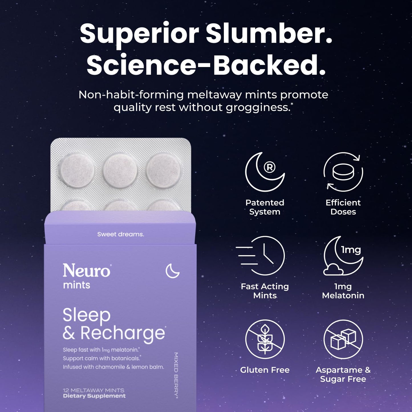 Neuro Cognitive Balance Bundle - Memory & Focus Nootropic Gum (Peppermint, 90 Count), Sleep & Recharge Melatonin Mints (Berry, 72 Count), Calm & Clarity Stress Support Mints (Honey Lemon, 90 Count)