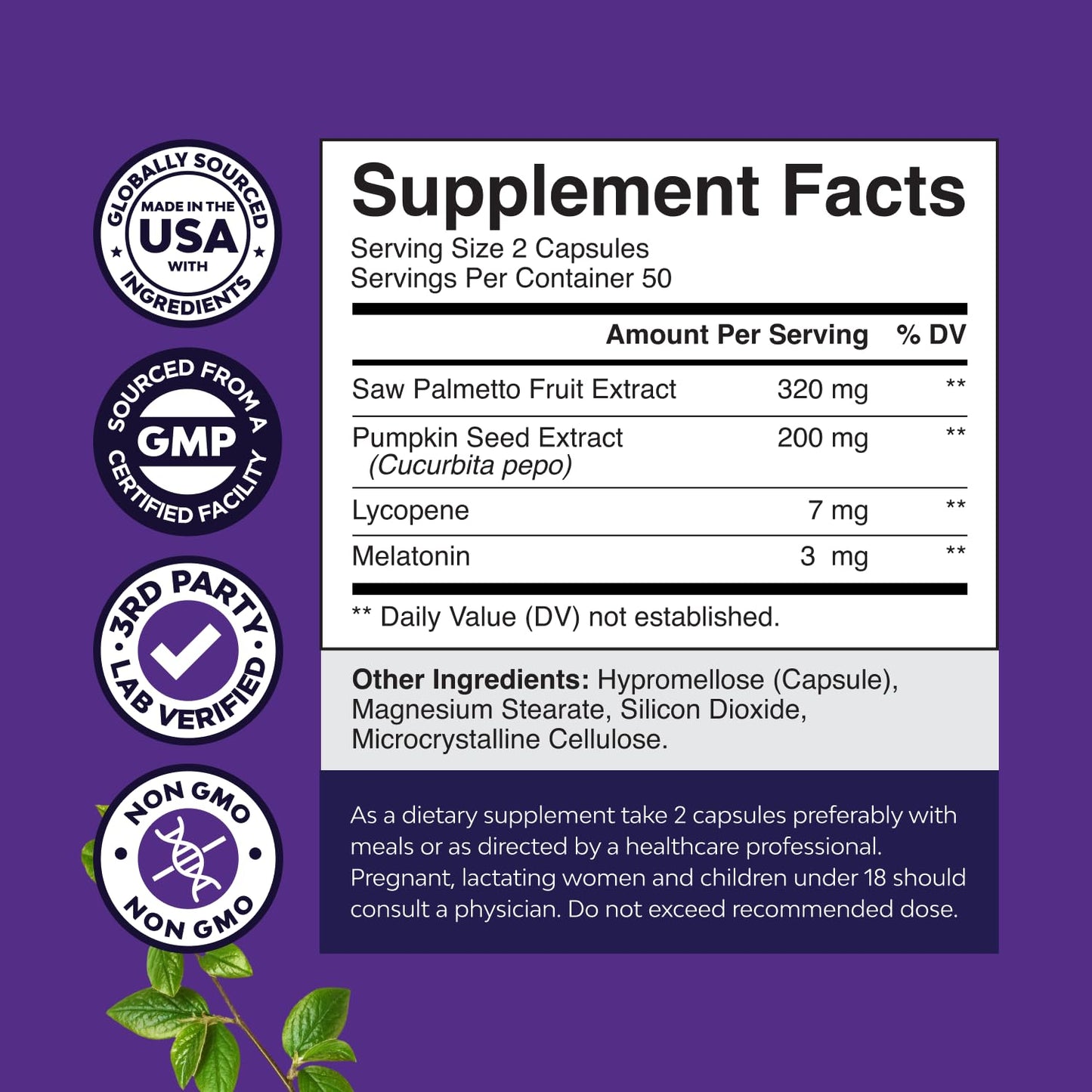 Natures Craft Nighttime Defense Saw Palmetto for Men Saw Palmetto Extract Prostate Supplement with Lycopene, Pumpkin Seed & Melatonin Capsule, 100 Count