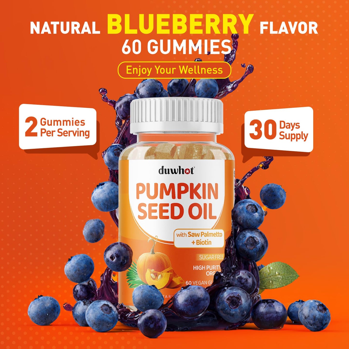 duwhot Organic Pumpkin Seed Oil Gummies with Saw Palmetto, Biotin for Skin & Hair Growth, Cold-Pressed Pumpkin Seed Extract with Stinging Nettle for Prostate Health, Vegan, 60 Gummies