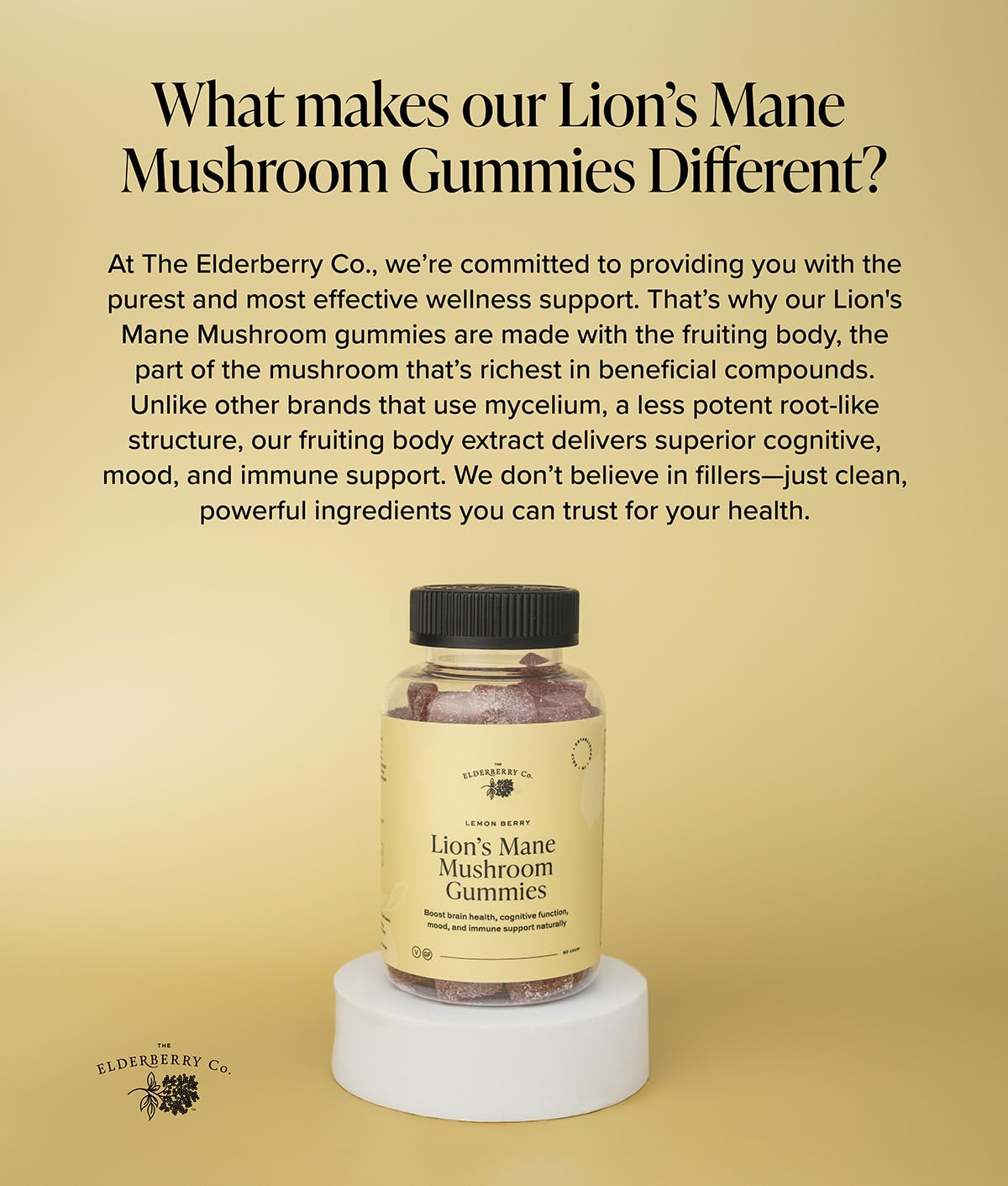 The Elderberry Co. Lion's Mane Mushroom Gummies, Lemon Berry Flavor, 60 Count