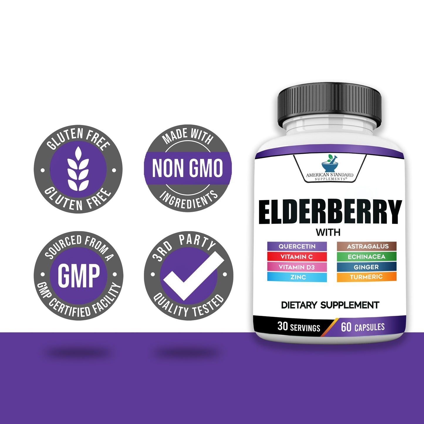 American Standard Supplements Elderberry Extract with Quercetin, Vitamin C, D3, Ginger, Zinc, Turmeric, Astragalus and Echinacea Capsule, 60 Count