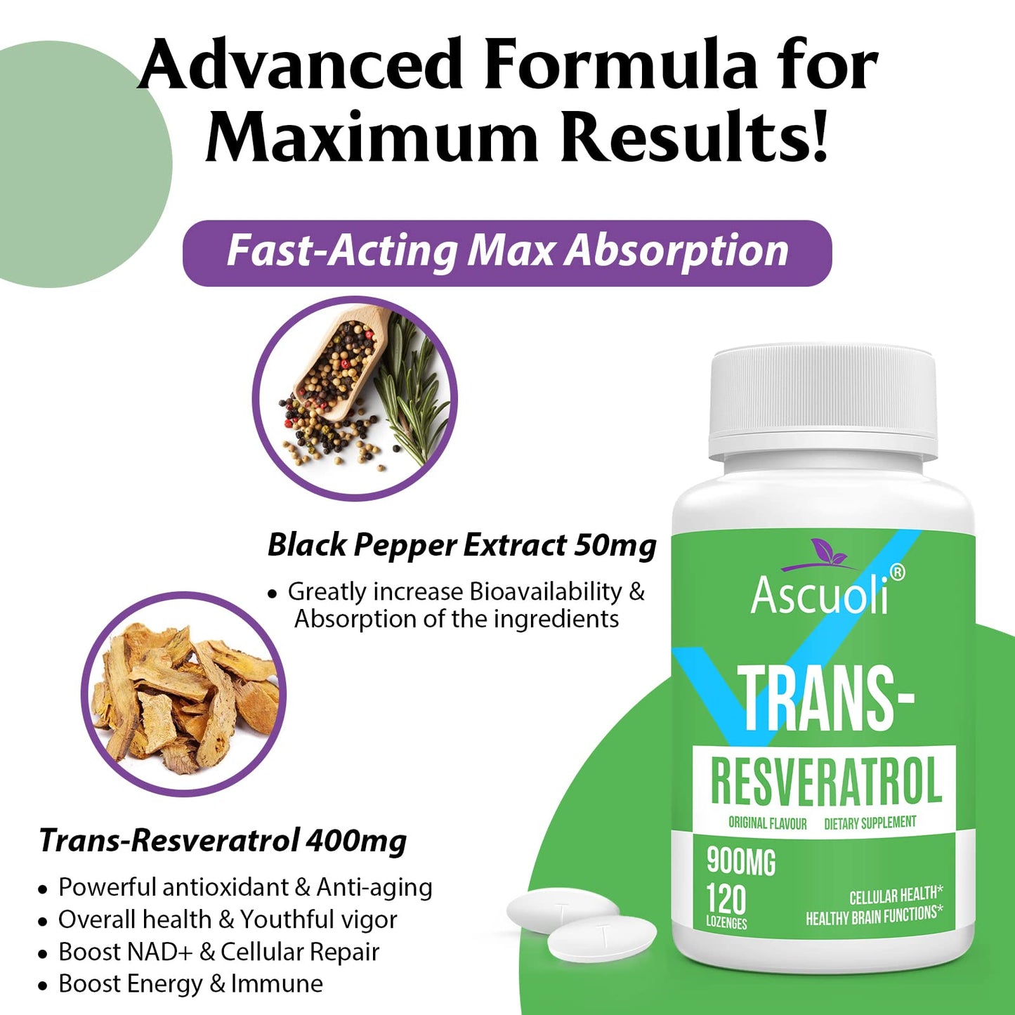 Ascuoli Trans-Resveratrol Purity 99%, 3-in-1 Advanced Formula Resveratrol Supplement for NAD+, Immune & Energy Support, Anti-Aging, Skin Health & Antioxidant Tablet, 240 Count