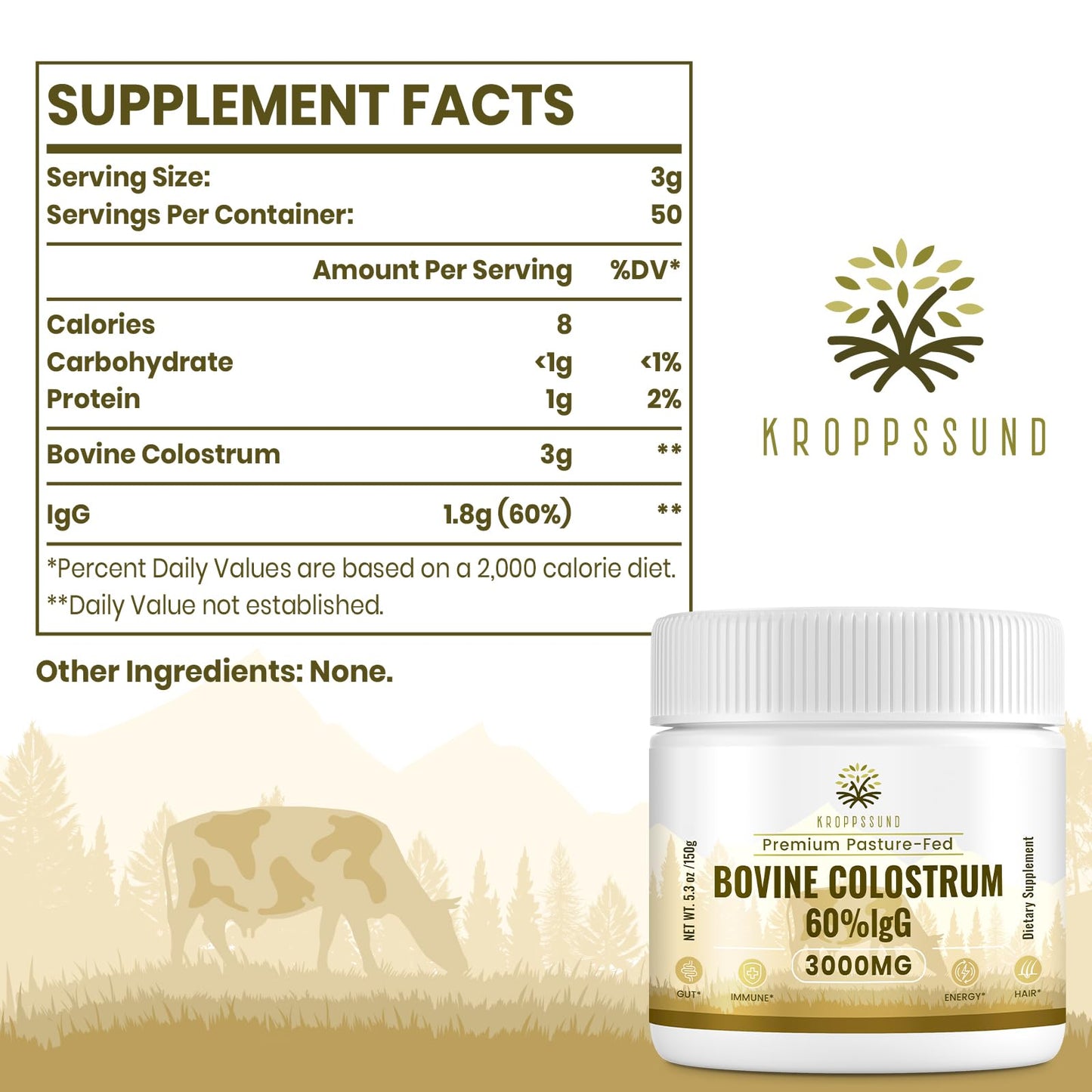 Kroppssund Bovine Colostrum Powder 5.3 Ounce, 50 Servings