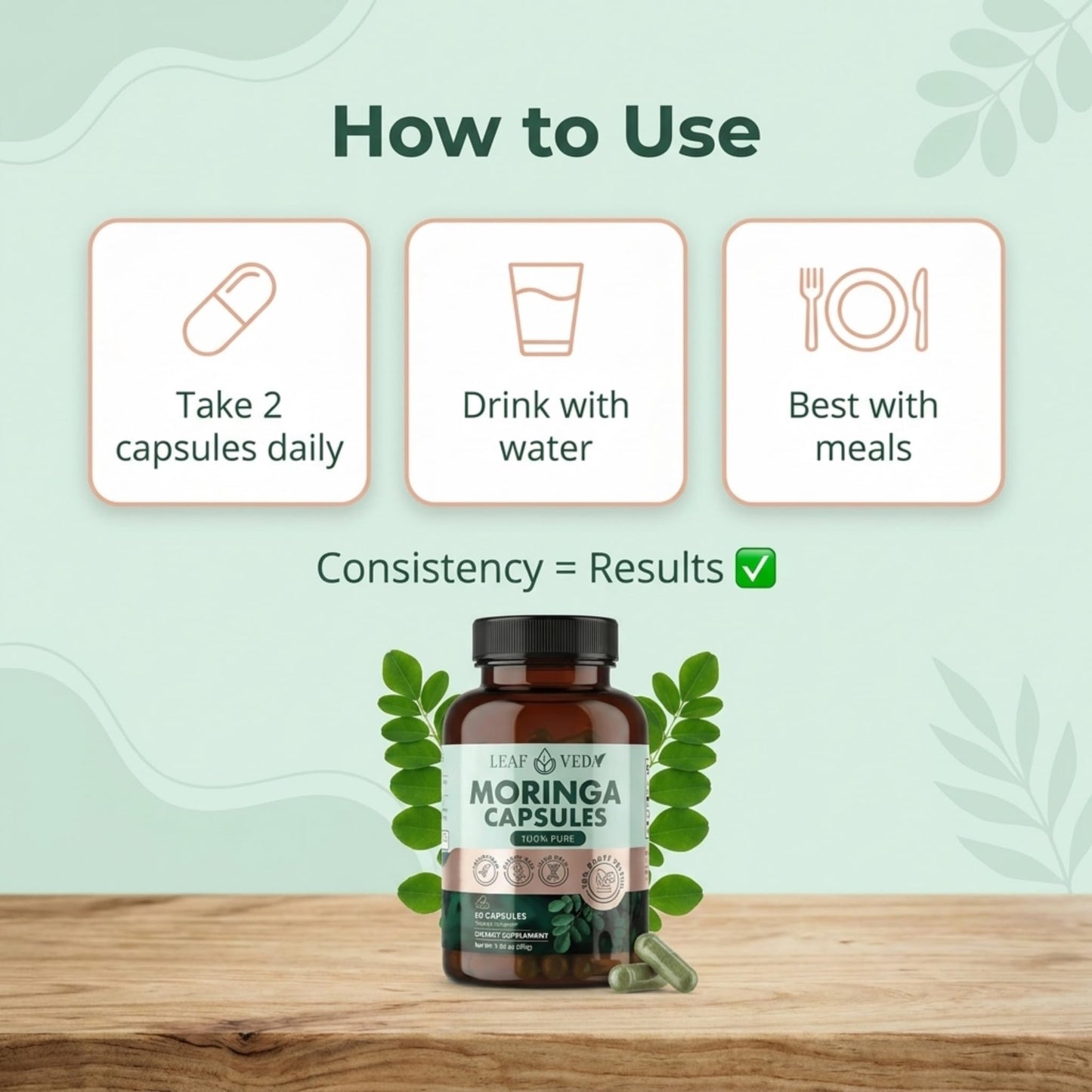 Leaf Veda Pure Moringa 1000mg Capsules, Vegan, Non-GMO, 60 Capsules
