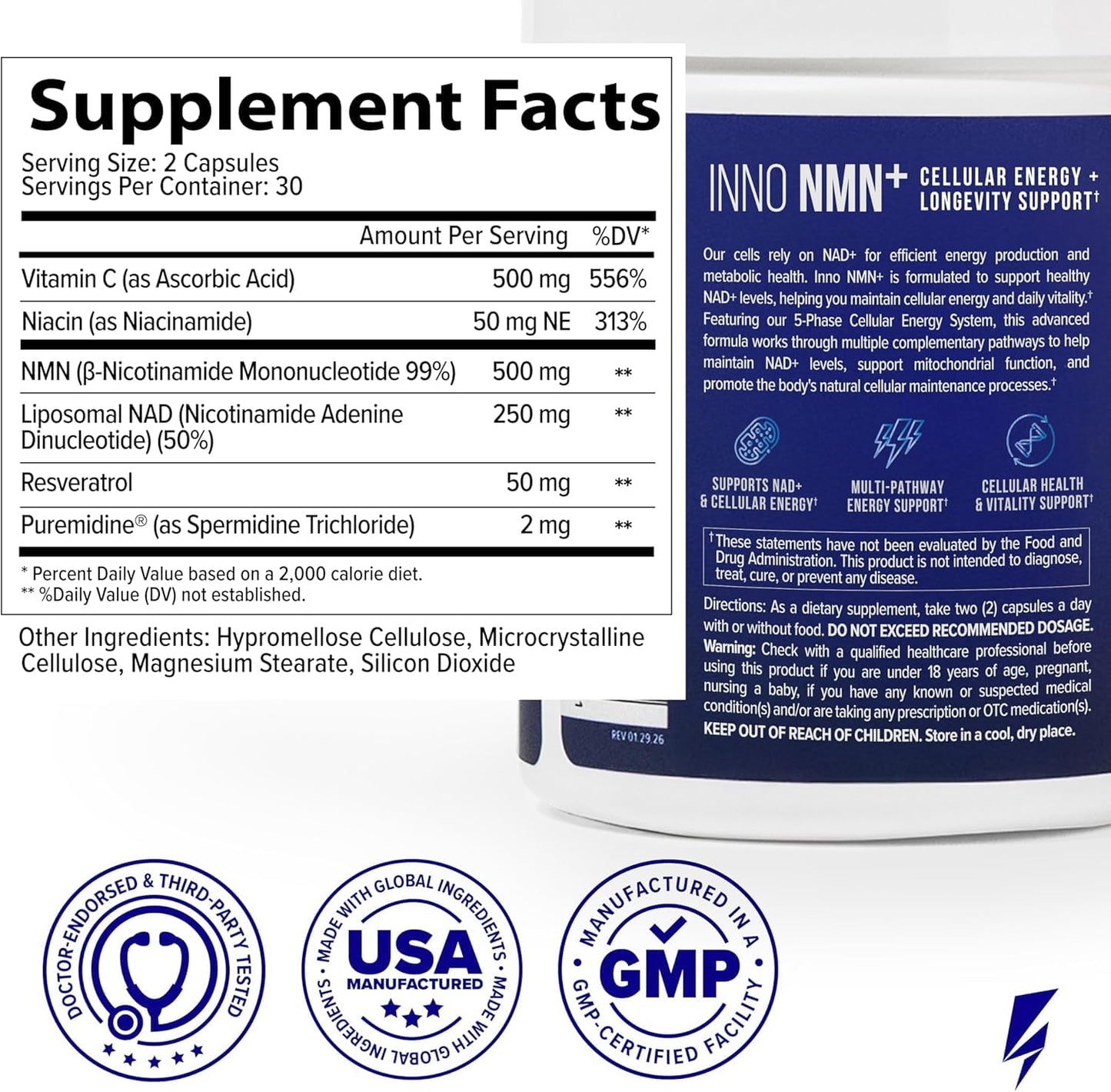 InnoSupps Inno NMN+ Supplement 500mg with NAD+ Capsules 180