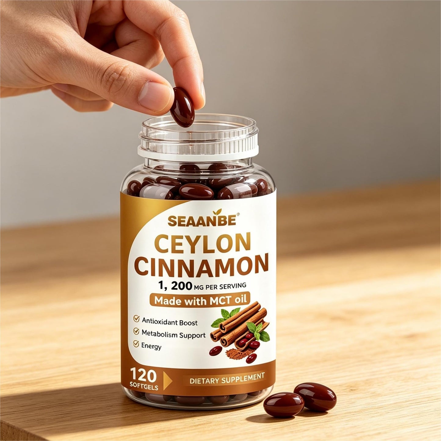 SEAANBE Ceylon Cinnamon Softgels 1200mg per Serving with MCT Oil, 120 Count