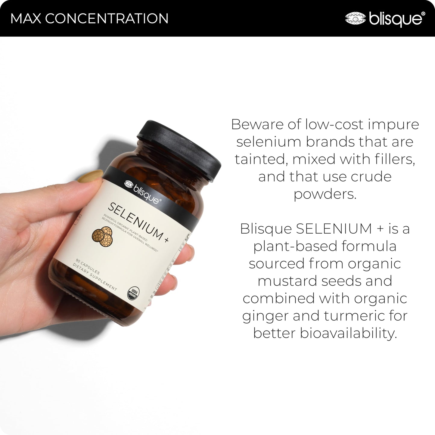 Blisque Organic Selenium for Thyroid Support, Immune System, and Heart Health with Organic Mustard Seeds, 90 Capsules