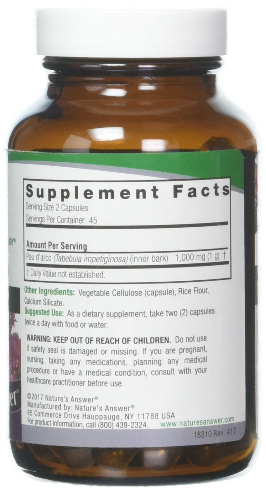 Nature's Answer PAU D'Arco 500 mg per Capsule, 90 Vegetarian Capsules
