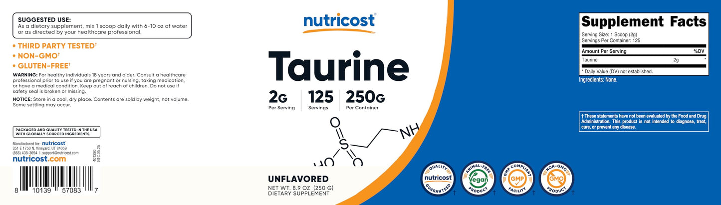 Nutricost Taurine Powder 250 Grams (Pack of 1)