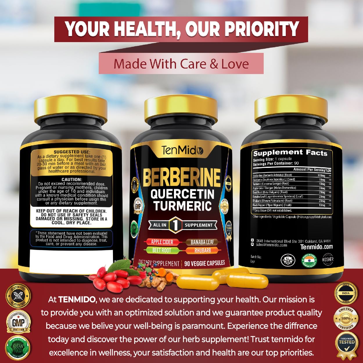 Tenmido Berberine Supplement Capsules, 90 Count