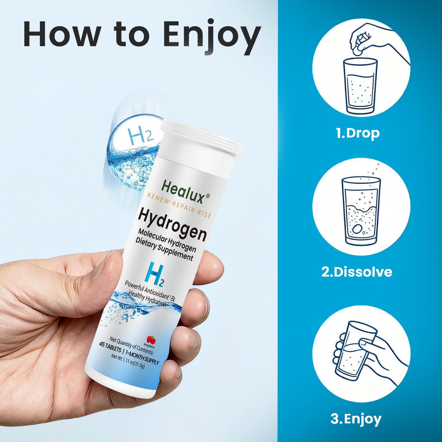 Healux Hydrogen Water Tablets 12 PPM - Molecular H2 Tablets with Magnesium, 90 Tablets
