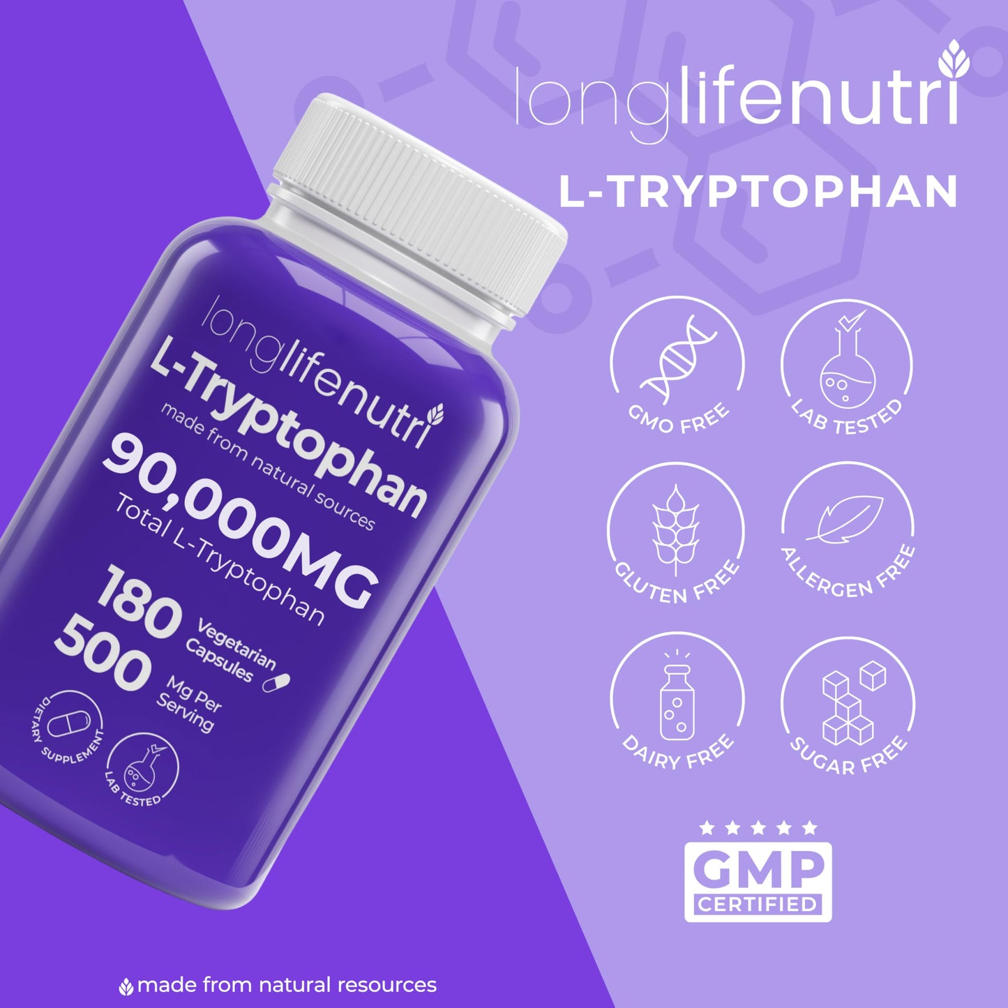 LongLifeNutri L-Tryptophan 500mg Capsules, 180 Count