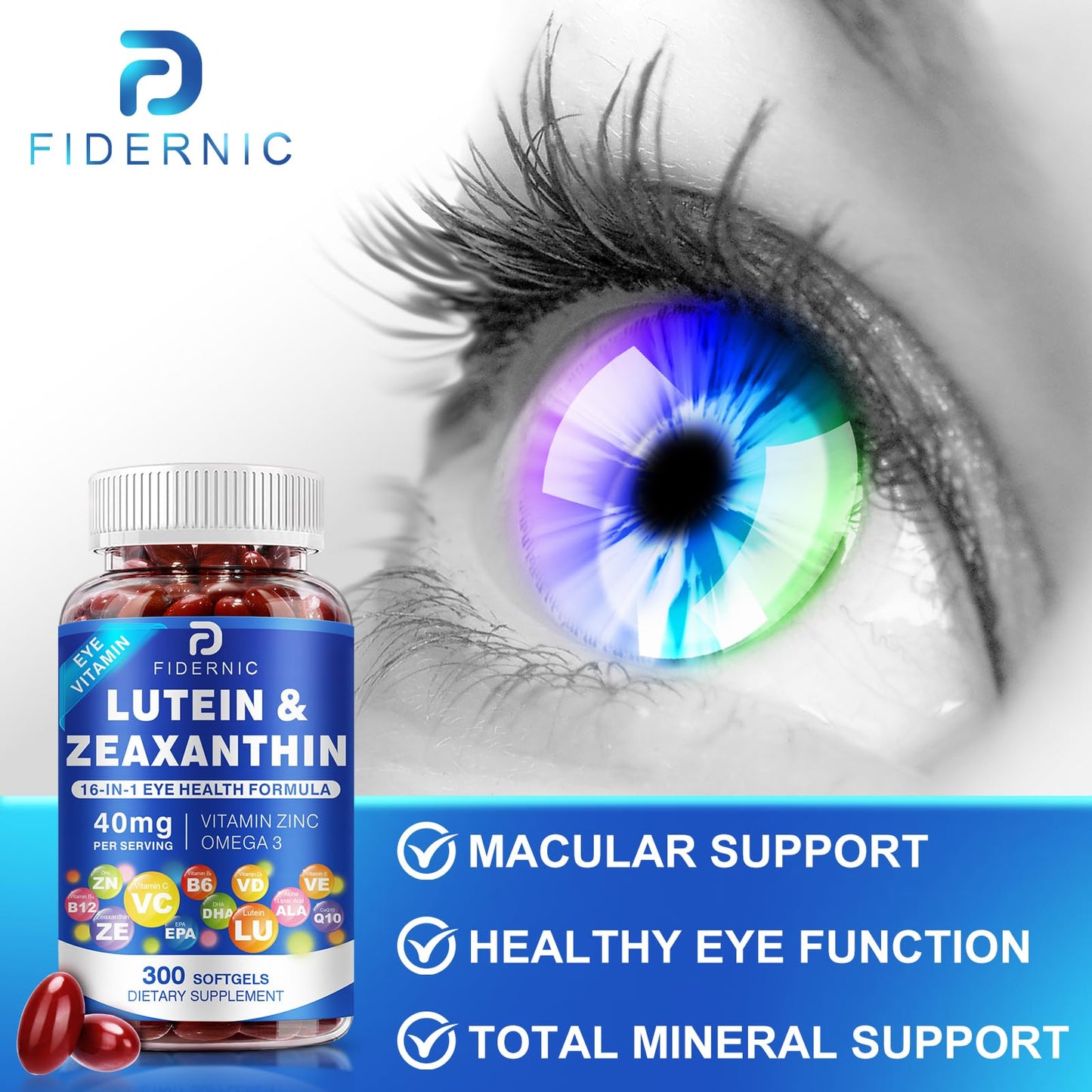 FIDERNIC Lutein and Zeaxanthin Supplement AREDS 2 Plus+ Eye Vitamins 300 Softgels