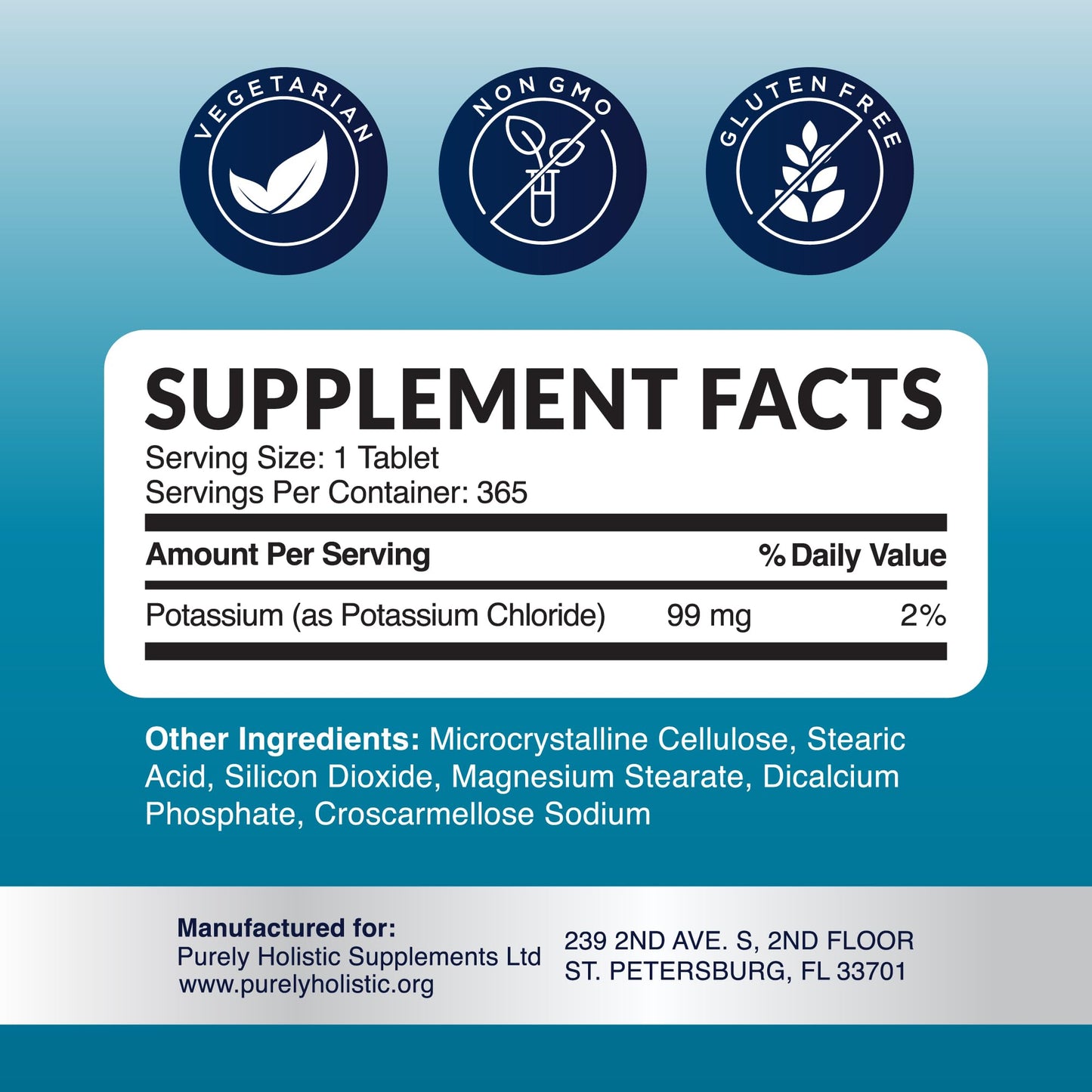 Purely Holistic Potassium Chloride Supplement Tablets 365