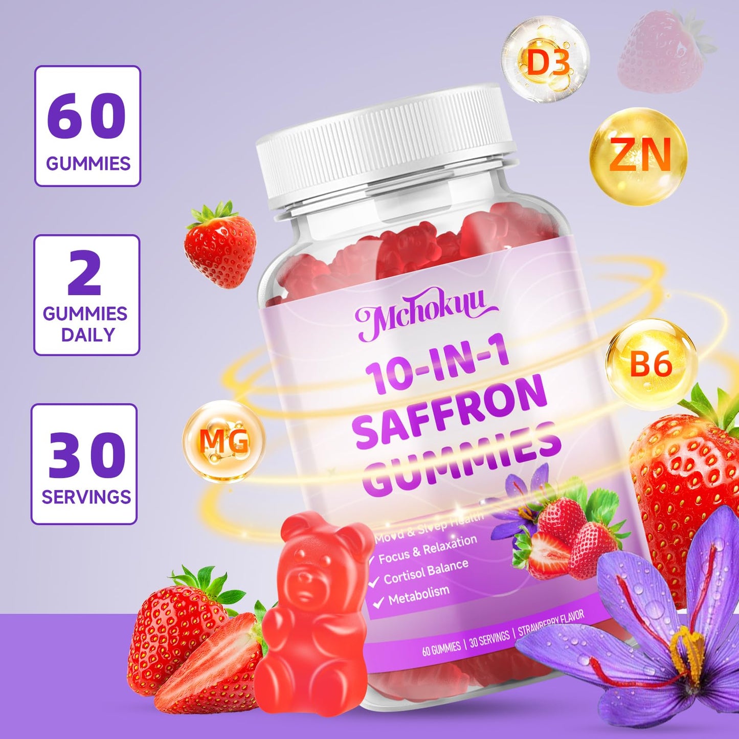 Mchokuu Saffron Gummies for Kids & Adults 88.5mg Supplement, 120 Count